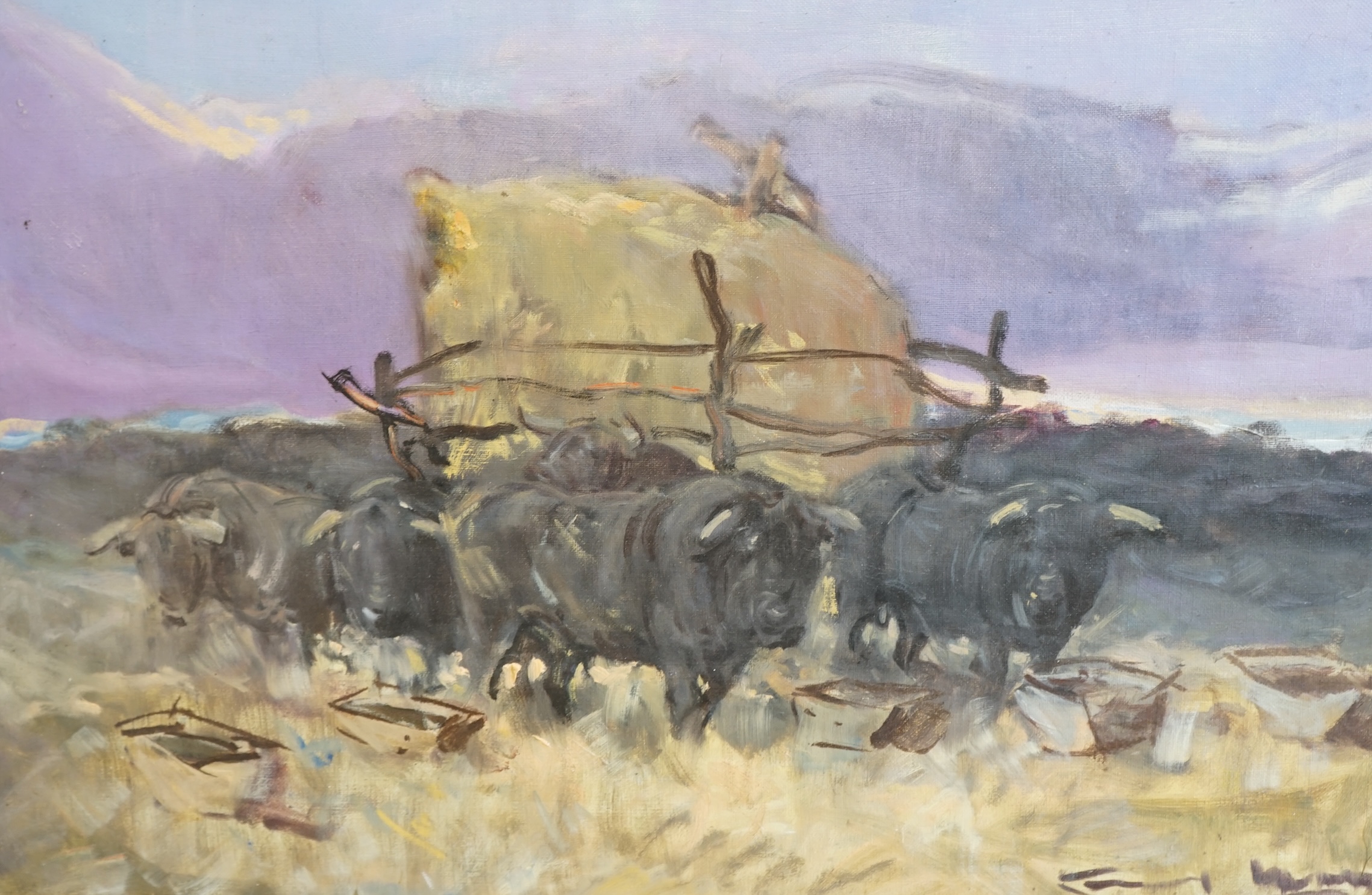 Angel Gonzalez Marcos (Spanish, 1900-1977), oil on canvas board, Oxen pulling a cart, signed, 52 x 82cm, applied plaque to the frame. Condition - fair, board warped